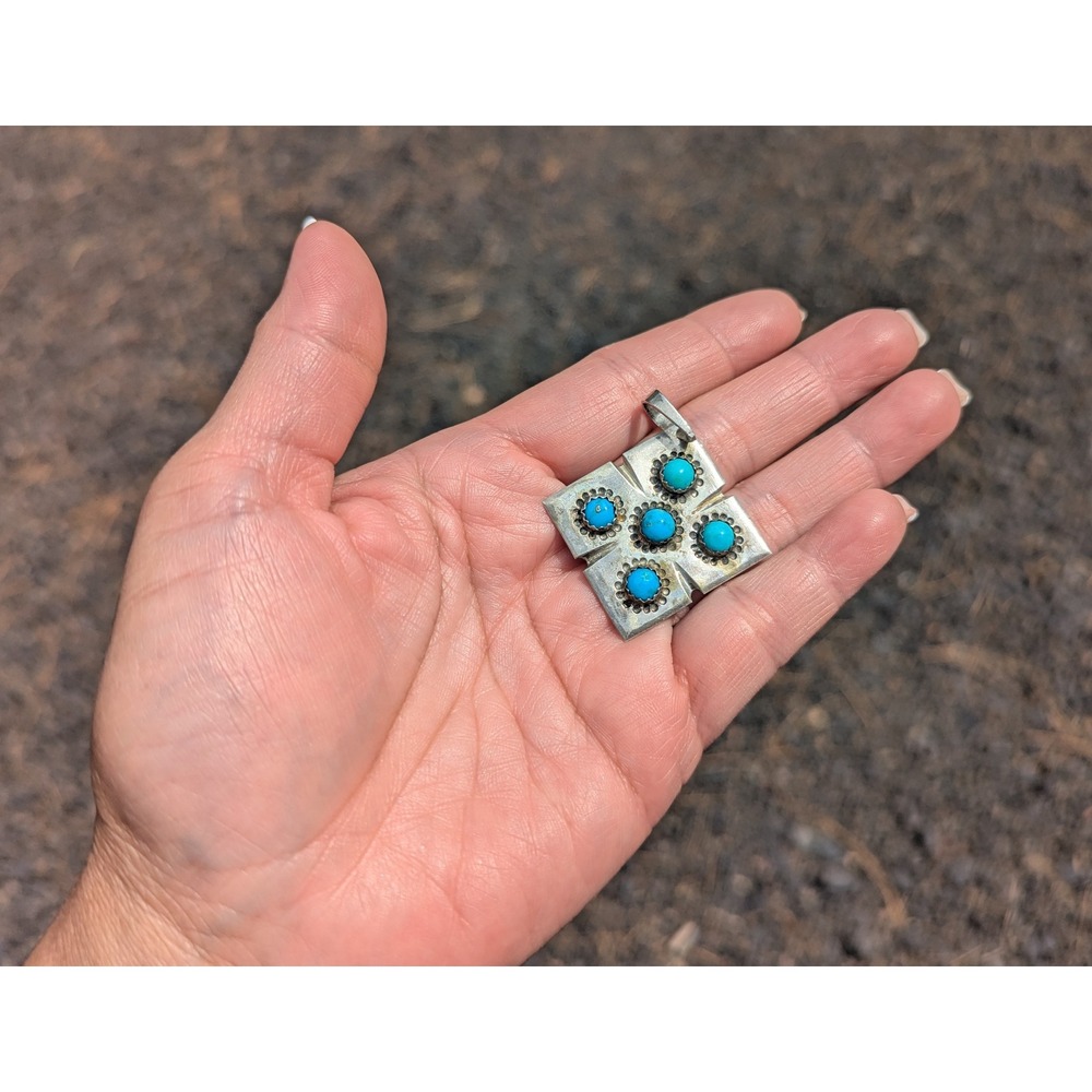 Vintage Native American Pendant Turquoise Cluster Handmade Navajo‎ Jewelry ** - Picture 3 of 7